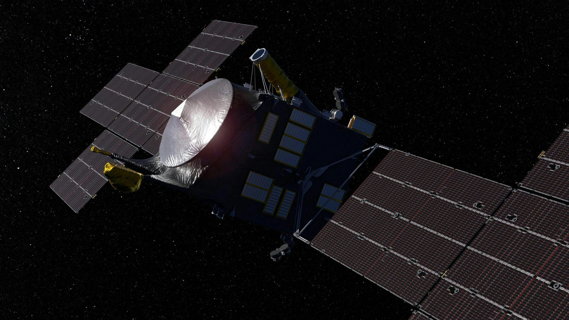This artist&rsquo;s concept depicts NASA&rsquo;s Psyche spacecraft headed to the metal-rich asteroid Psyche in the main asteroid belt between Mars and Jupiter. The spacecraft launched in October 2023 and will arrive at its destination in 2029. NASA/JPL-Caltech/ASU image.