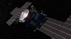 This artist’s concept depicts NASA’s Psyche spacecraft headed to the metal-rich asteroid Psyche in the main asteroid belt between Mars and Jupiter. The spacecraft launched in October 2023 and will arrive at its destination in 2029. NASA/JPL-Caltech/ASU image.