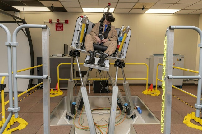 NASA test pilot Wayne Ringelberg sits in the air taxi virtual reality flight simulator during a test at NASA’s Armstrong Flight Research Center in Edwards, California, in March 2024. NASA/Steve Freeman photo.