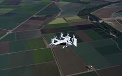 Joby’s all-electric aircraft in flight above Marina, California, the company’s manufacturing and flight test center. Joby Aviation photo. Joby’s all-electric aircraft in flight above Marina, California, the company’s manufacturing and flight test center. Joby Aviation photo.