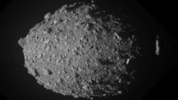 This high-resolution view of Dimorphos was created by combining the latest ten full-frame images from the Didymos Reconnaissance and Asteroid Camera for Optical Navigation (DRACO) on NASA's DART spacecraft. Dimorphos is orientated so that its north pole is at the top of the image. NASA/Johns Hopkins APL image. This high-resolution view of Dimorphos was created by combining the latest ten full-frame images from the Didymos Reconnaissance and Asteroid Camera for Optical Navigation (DRACO) on NASA's DART spacecraft. Dimorphos is orientated so that its north pole is at the top of the image. NASA/Johns Hopkins APL image.