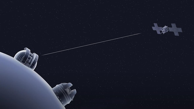 NASA’s Psyche spacecraft is depicted receiving a laser signal from the Deep Space Optical Communications uplink ground station at JPL’s Table Mountain Facility in this artist’s concept. The DSOC experiment consists of an uplink and downlink station, plus a flight laser transceiver flying with Psyche. NASA/JPL-Caltech image.