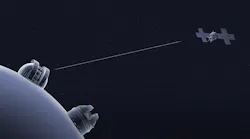 NASA’s Psyche spacecraft is depicted receiving a laser signal from the Deep Space Optical Communications uplink ground station at JPL’s Table Mountain Facility in this artist’s concept. The DSOC experiment consists of an uplink and downlink station, plus a flight laser transceiver flying with Psyche. NASA/JPL-Caltech image.