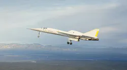 Boom Supersonic's XB-1 jet achieved its first flight this spring in Mojave, Calif. (shown above). In its fifth test flight, Boom reported a new height in both speed and altitdue for the project. Boom Supersonic photo.