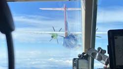 View from the Falcon cockpit: For the measurements, the DLR research aircraft Falcon 20E follows the D328 UpLift at a distance of 50 to 500 meters. Uplift is fuelled with 100 percent synthetic Fischer-Tropsch fuel. Credit: DLR (CC BY-NC-ND 3.0) View from the Falcon cockpit: For the measurements, the DLR research aircraft Falcon 20E follows the D328 UpLift at a distance of 50 to 500 meters. Uplift is fuelled with 100 percent synthetic Fischer-Tropsch fuel. Credit: DLR (CC BY-NC-ND 3.0)