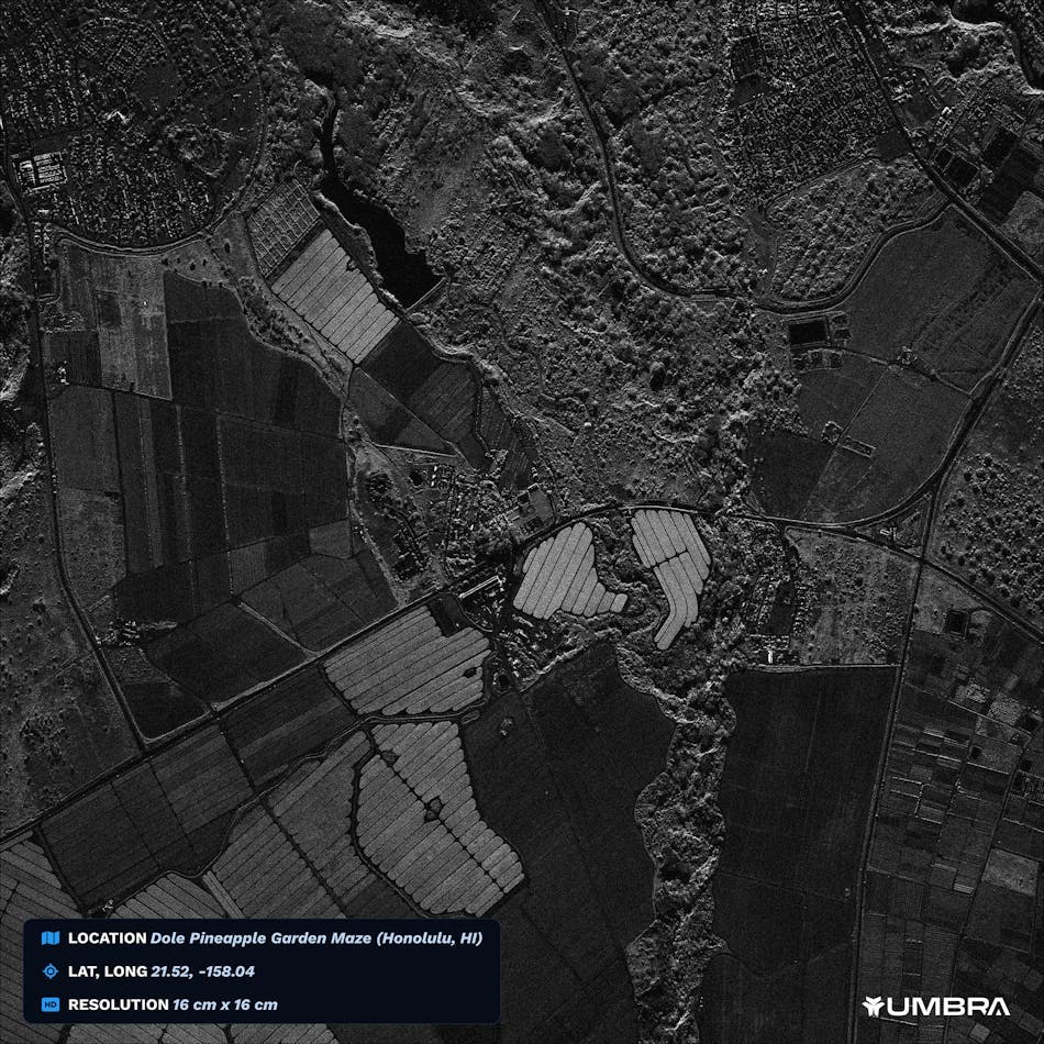 In August, Umbra released a 16-centimeter-resolution Synthetic Aperture Radar (SAR) image of the Dole Pineapple Garden Maze in Honolulu, Hawaii, which it says is the highest-resolution commercial satellite image ever released. UMBRA image.