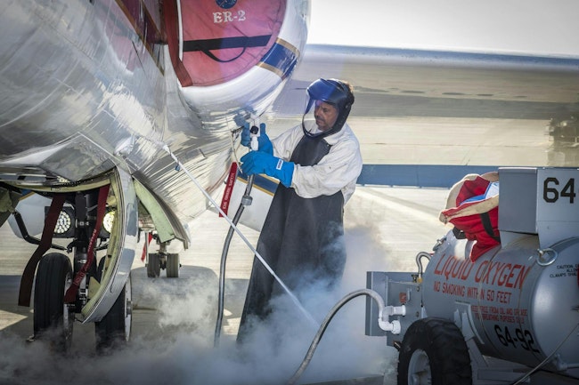 Francisco Rodriguez (aircraft mechanic) services liquid oxygen or LOX on the ER-2 during the Geological Earth Mapping Experiment (GEMx) research project. Experts like Rodriguez sustain a high standard of safety on airborne science aircraft like the ER-2 and science missions like GEMx. The ER-2 is based out of NASA’s Armstrong Flight Research Center in Edwards, California. NASA/Steve Freeman photo.