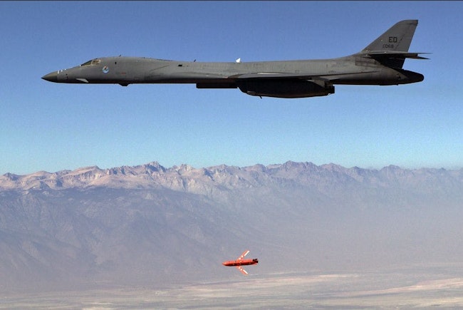 The Lockheed Martin Joint Air-to-Surface Standoff Missile (JASSM) drops from an Air Force B-1B jet bomber during flight testing.