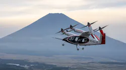 A Joby production prototype electric air taxi flying in front of Mount Fuji in Shizuoka, Japan. Photo by Joby Aviation.
