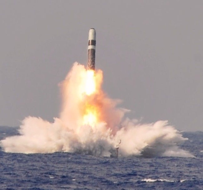 The Trident II D5 nuclear ballistic missile launches from a submarine during recent testing.