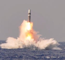 The Trident II D5 nuclear ballistic missile launches from a submarine during recent testing. The Trident II D5 nuclear ballistic missile launches from a submarine during recent testing.