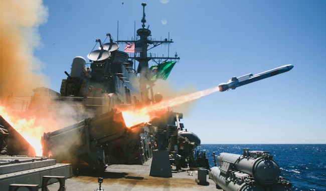The Navy destroyer USS Fitzgerald (DDG 62) fires the Naval Strike Missile during a recent at-sea exercise.