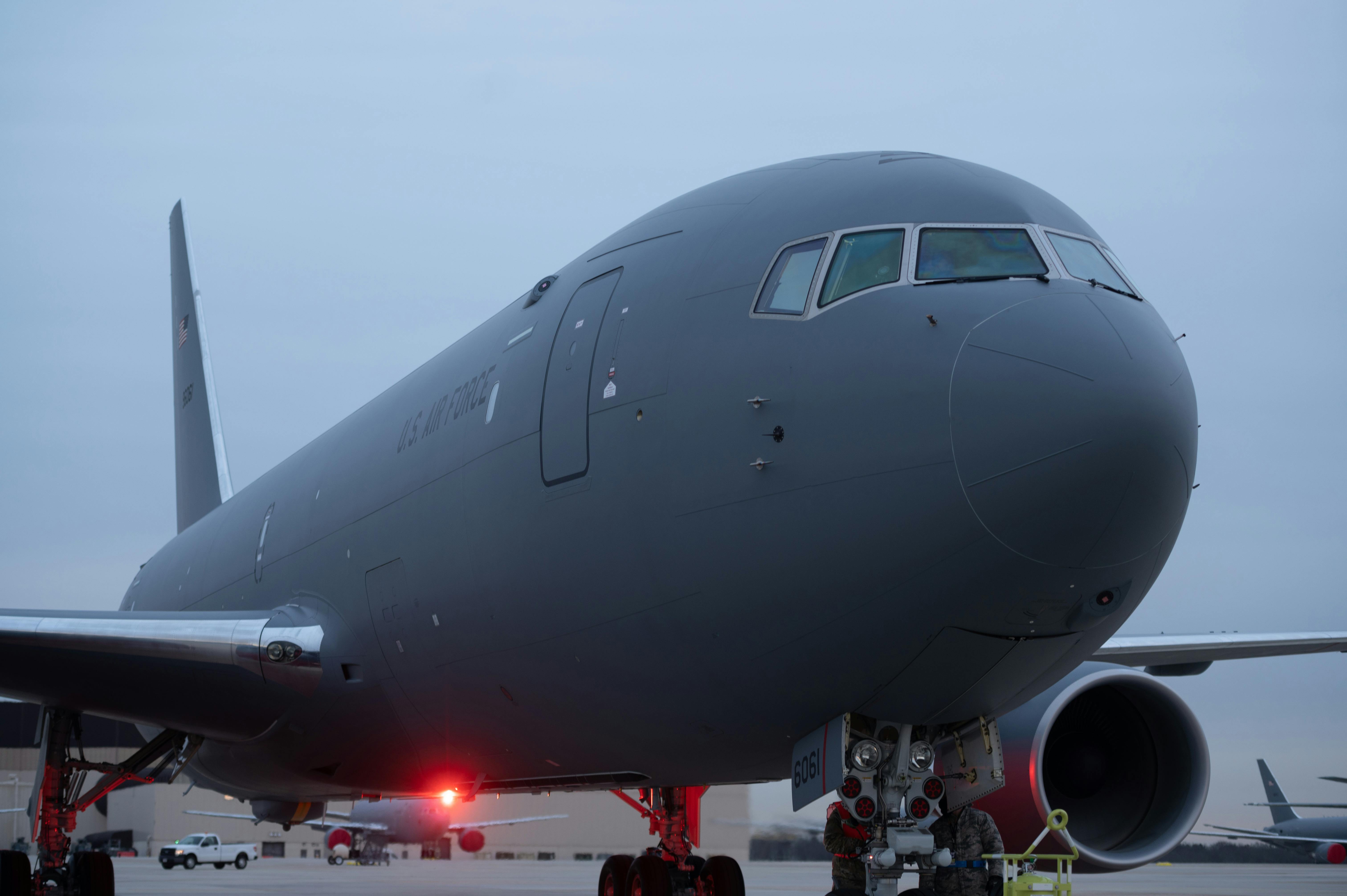 A new KC-46A Pegasus arrives at Joint Base McGuire-Dix-Lakehurst, New Jersey in 2022, for the 305th and 514th Air Mobility Wings that operate the aircraft.