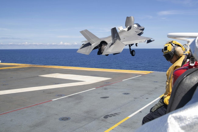 An F-35B Lightning II aircraft launches from amphibious assault carrier USS Tripoli (LHA 7) during a 2022 exercise.