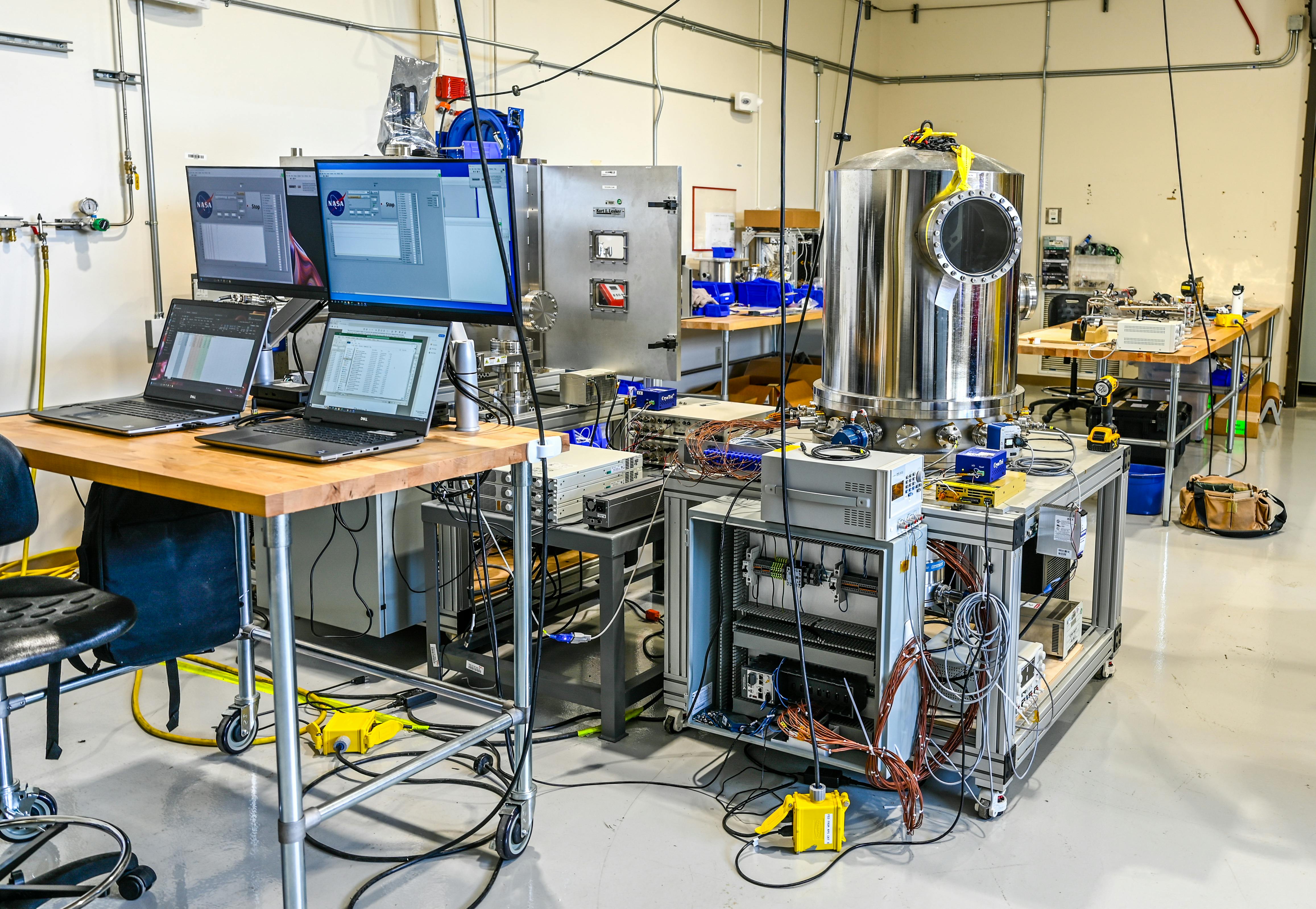 The Hub for Innovative Thermal Technology Maturation and Prototyping (HI-TTeMP) lab at NASA&rsquo;s Marshall Space Flight Center in Huntsville, Alabama, provides engineers with thermal analysis of materials that may be a prototype or in an early developmental stage using a vacuum chamber, back left, and a conduction chamber, right. NASA/Ken Hall photo.