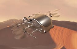 Artist’s concept of Dragonfly soaring over the dunes of Saturn’s moon Titan. NASA/Johns Hopkins APL/Steve Gribben image. Artist’s concept of Dragonfly soaring over the dunes of Saturn’s moon Titan. NASA/Johns Hopkins APL/Steve Gribben image.