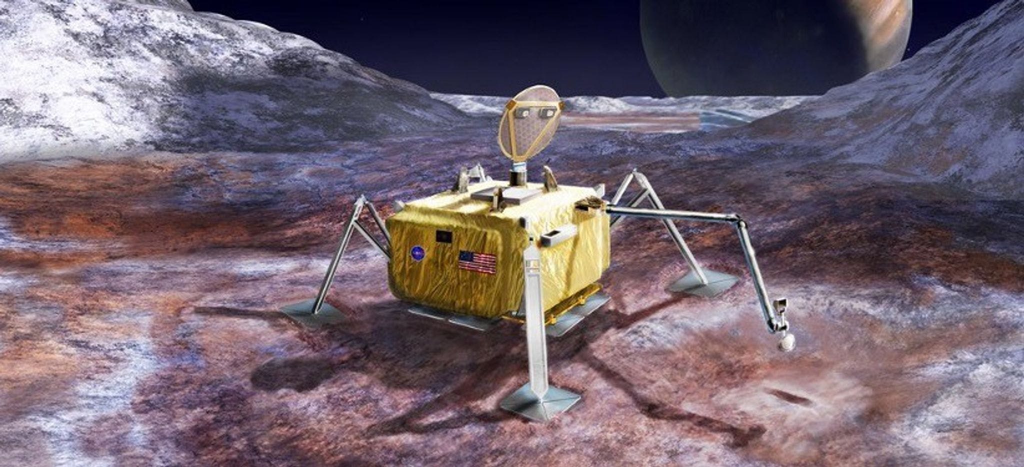 Artist&rsquo;s concept image of a spacecraft lander with a robot arm on the surface of Europa. Image by NASA/JPL &ndash; Caltech.