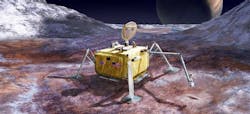 Artist’s concept image of a spacecraft lander with a robot arm on the surface of Europa. Image by NASA/JPL – Caltech. Artist’s concept image of a spacecraft lander with a robot arm on the surface of Europa. Image by NASA/JPL – Caltech.
