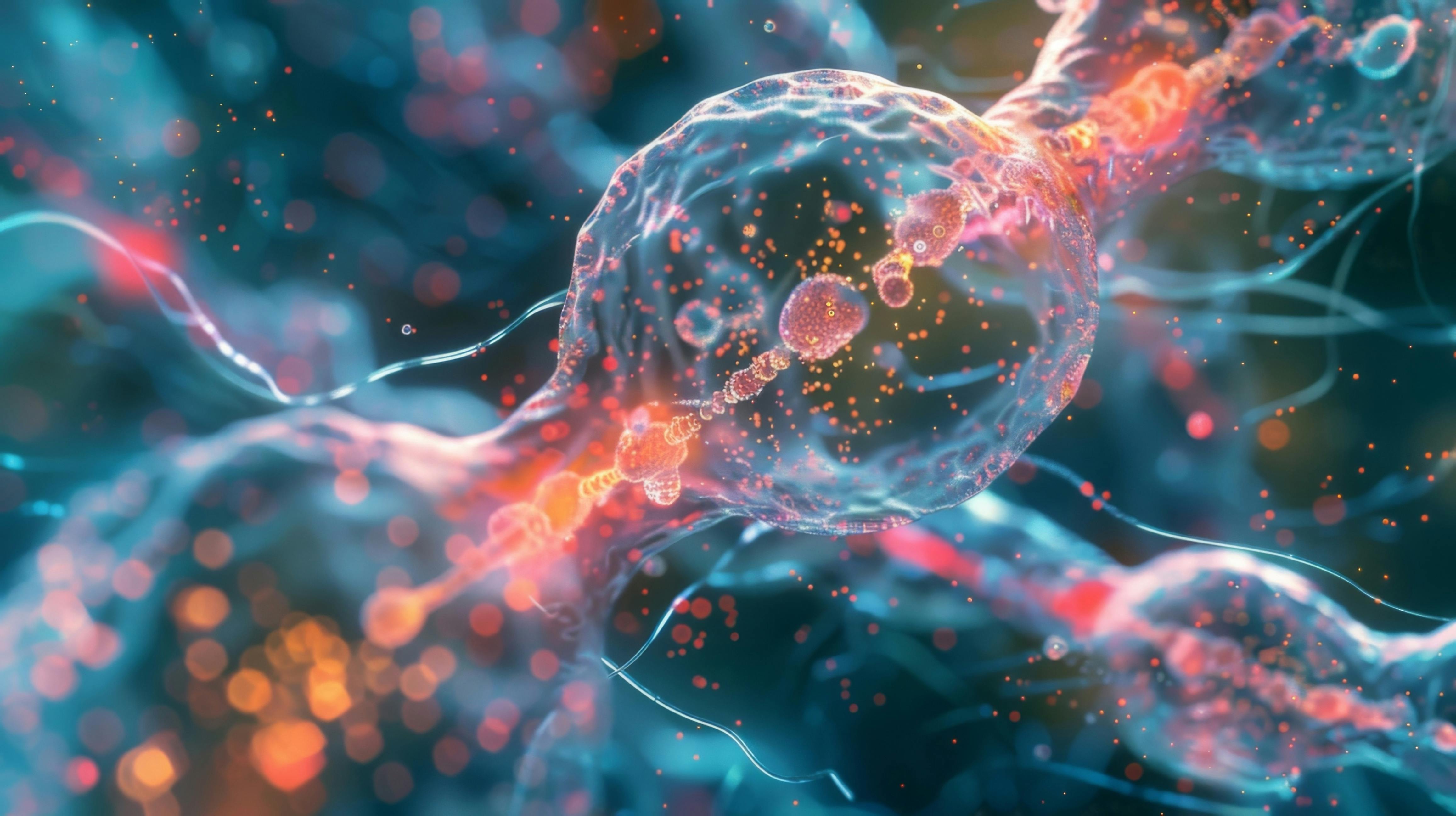 A high-resolution image of a of muscle cell nuclei highlighting the essential role of DNA and genetic material in controlling protein