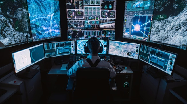 Military operator transmitting GPS coordinates of hostile ships to national guard, providing real time data from surveillance CCTV system.