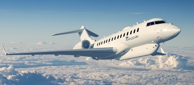 A front three-quarter image of a RAPCON-X aircraft, based on the twin jet Bombardier Global 650 commercial aircraft.