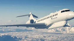 A front three-quarter image of a RAPCON-X aircraft, based on the twin jet Bombardier Global 650 commercial aircraft.