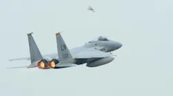 An Air Force F-15E Strike Eagle from the 492nd Fighter Squadron takes off during a Phase II exercise.