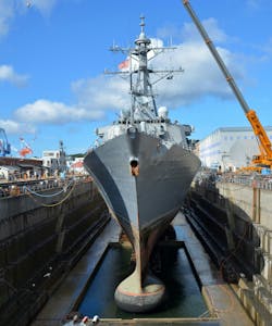 The Arleigh Burke-class guided-missile destroyer USS Fitzgerald (DDG 62) sits in dry dock in Yokosuka, Japan. The TR-343 transducer is part of the AN/SQS-53C hull mounted sonar shown at the bow of the ship. The Arleigh Burke-class guided-missile destroyer USS Fitzgerald (DDG 62) sits in dry dock in Yokosuka, Japan. The TR-343 transducer is part of the AN/SQS-53C hull mounted sonar shown at the bow of the ship.