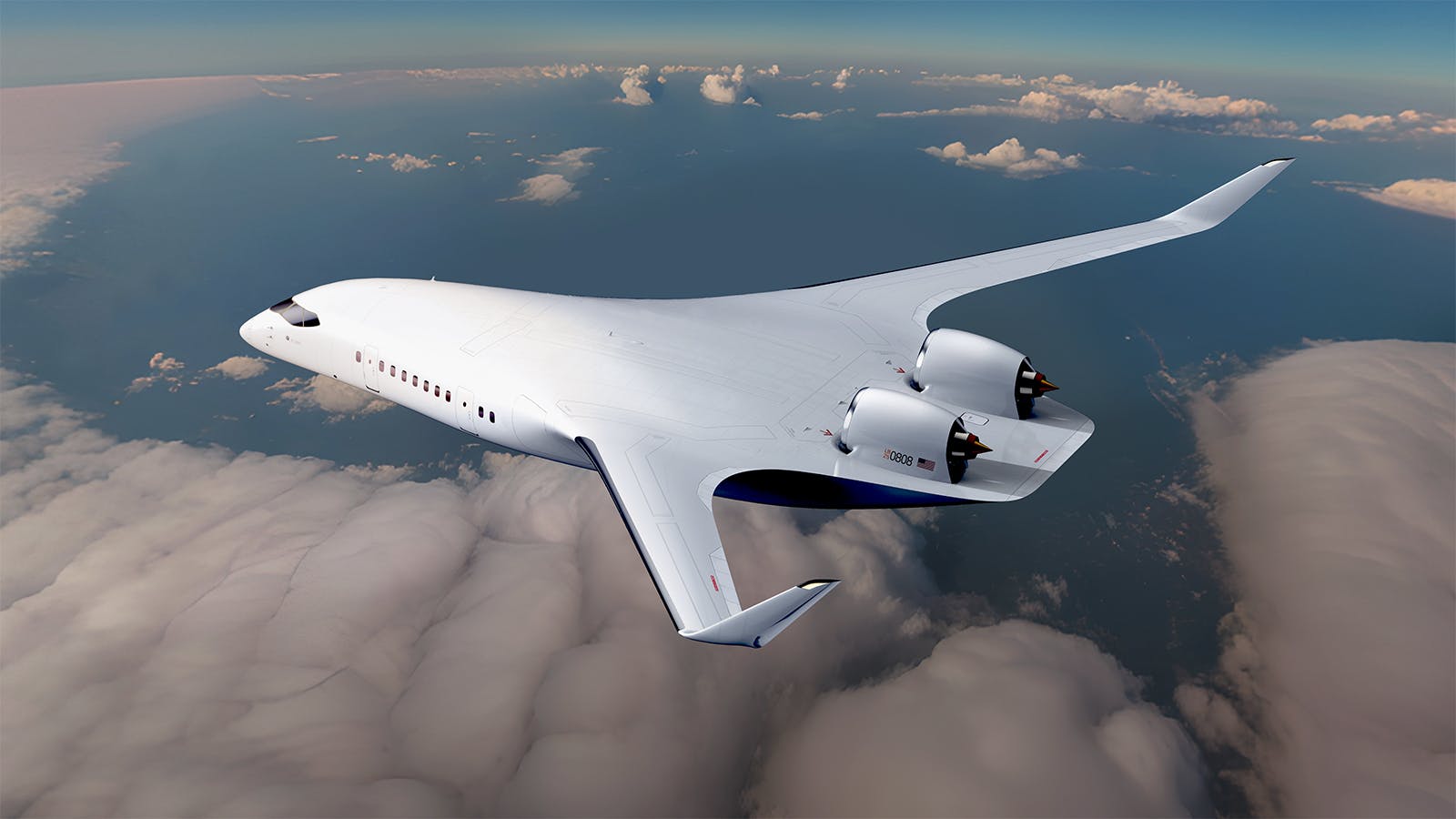 A rendering of JetZero's blended-wing body aircraft flying above the clouds. The rear-swept wing aircraft has its twin jets at the rear.