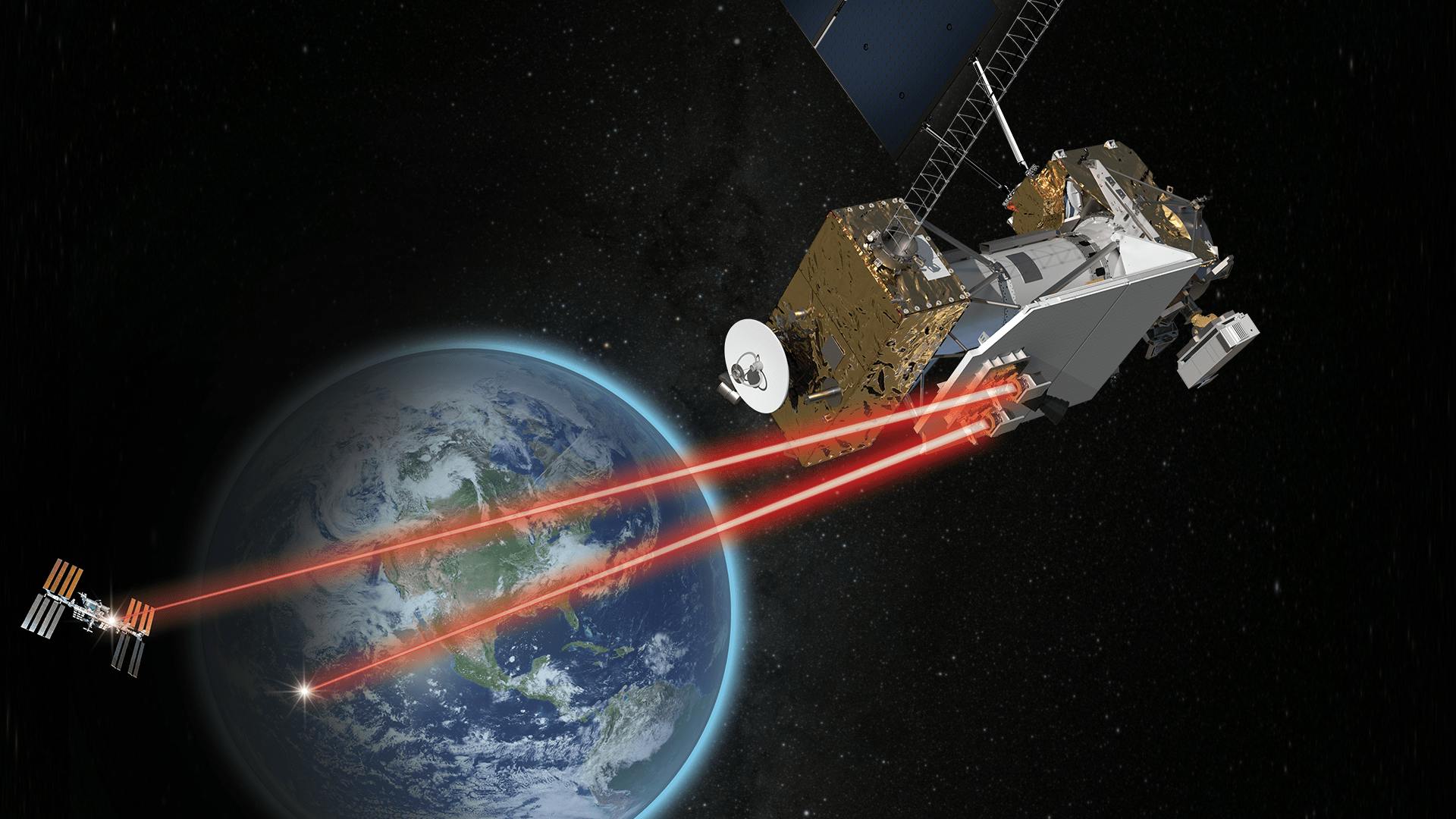 Illustration of NASA&rsquo;s Laser Communications Relay Demonstration communicating over laser links. Image by NASA's Goddard Space Flight Center.