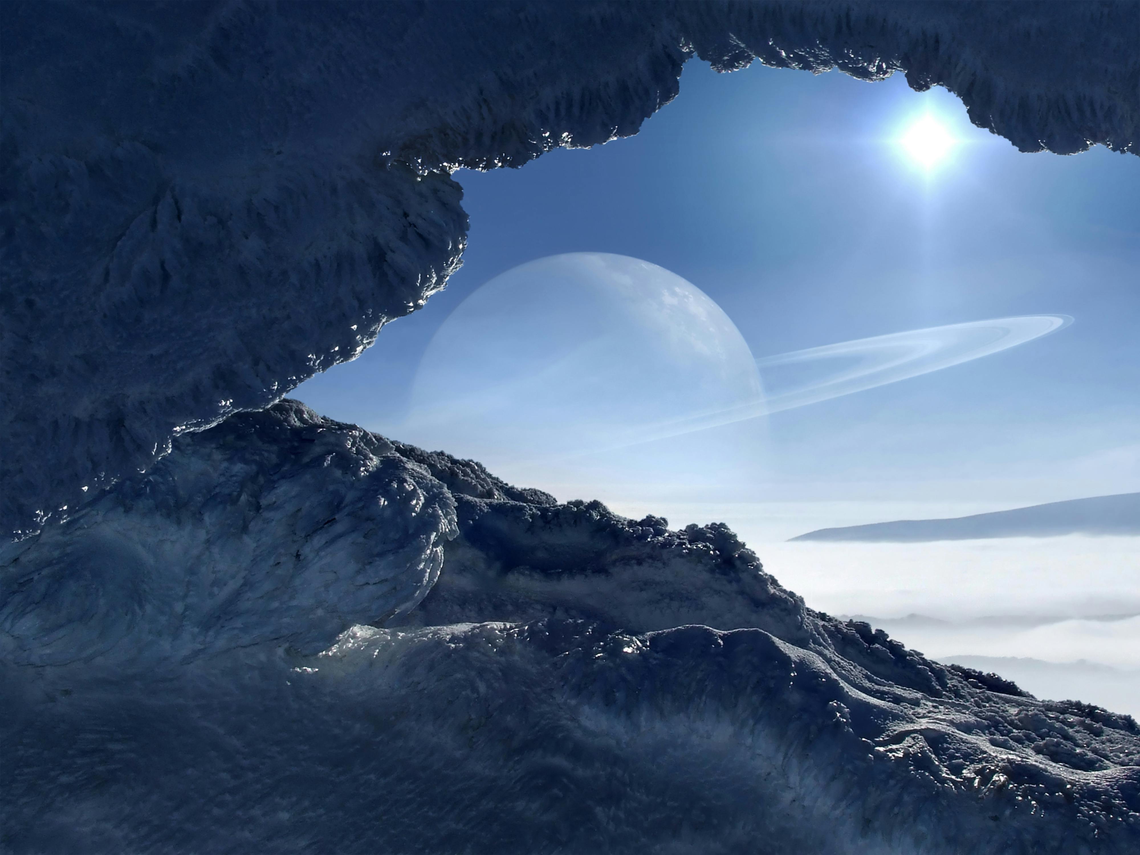 A view from the surface of an ice-covered planet.