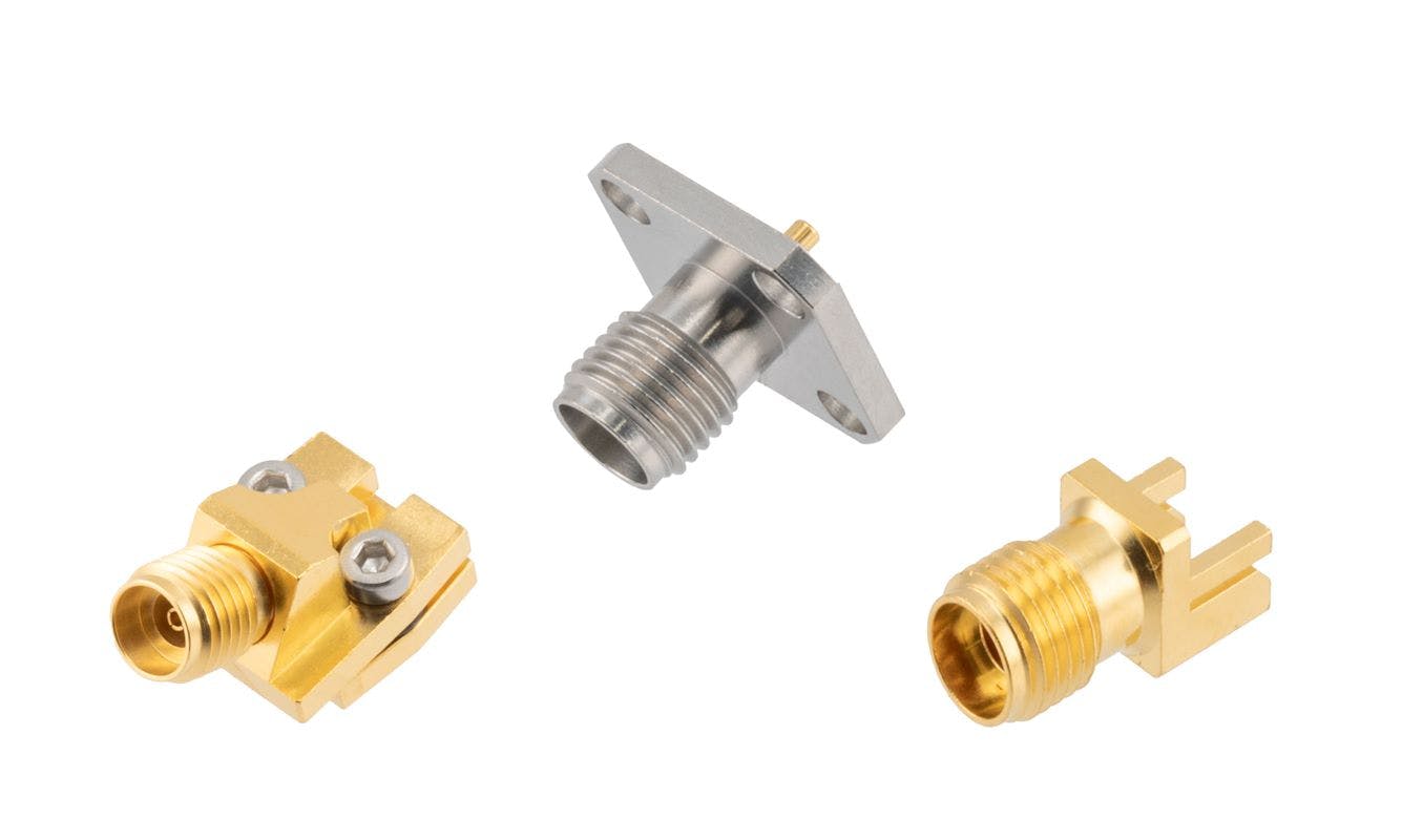 RF angled printed circuit board connectors from Pasternack meet demands for RF designs in military, aerospace, and test-and-measurement applications.