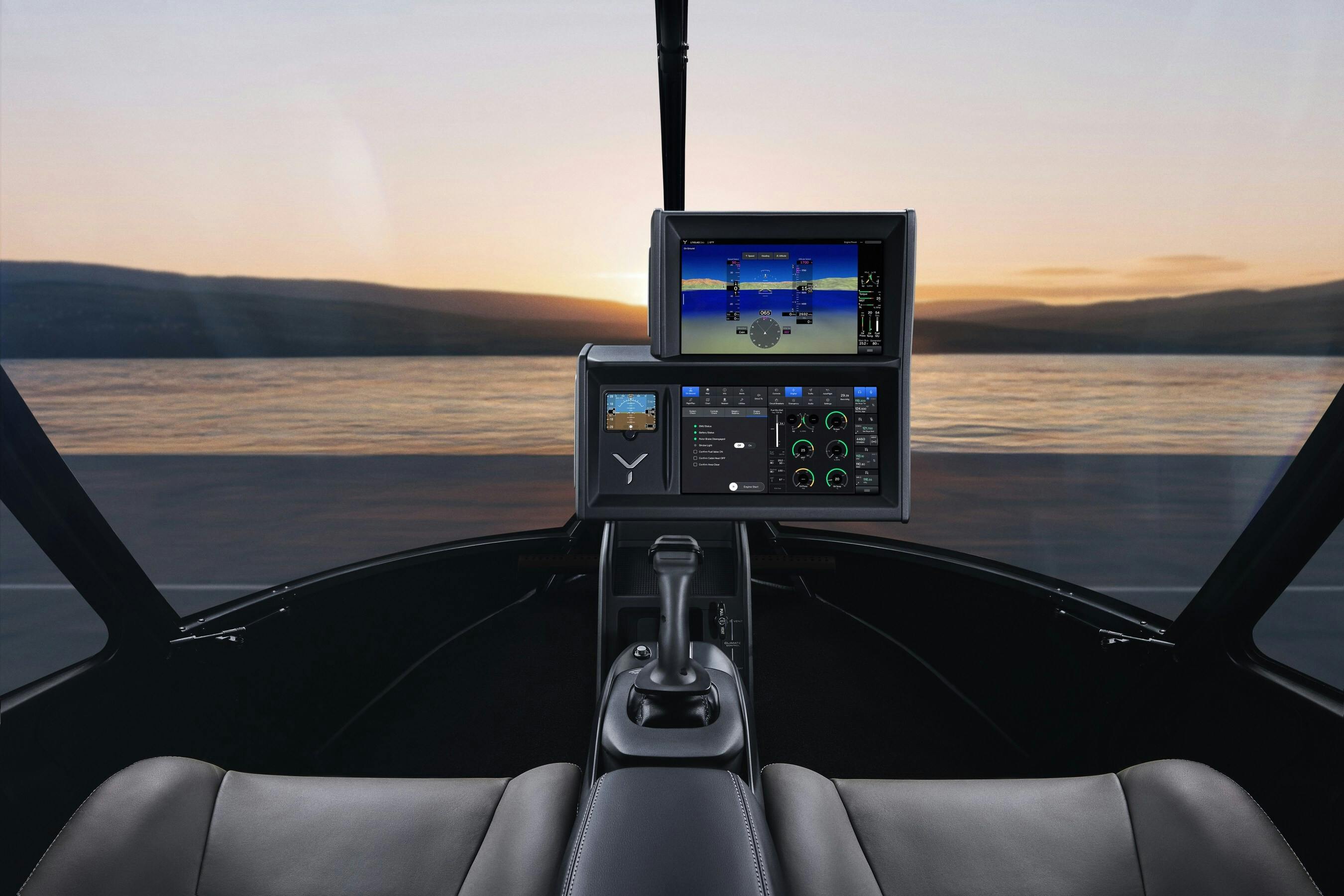 A rendering of the Skyryse One helicopter with a cockpit featuring just two screens and one joystick.