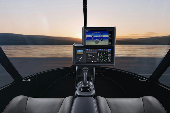 A rendering of the Skyryse One helicopter with a cockpit featuring just two screens and one joystick.