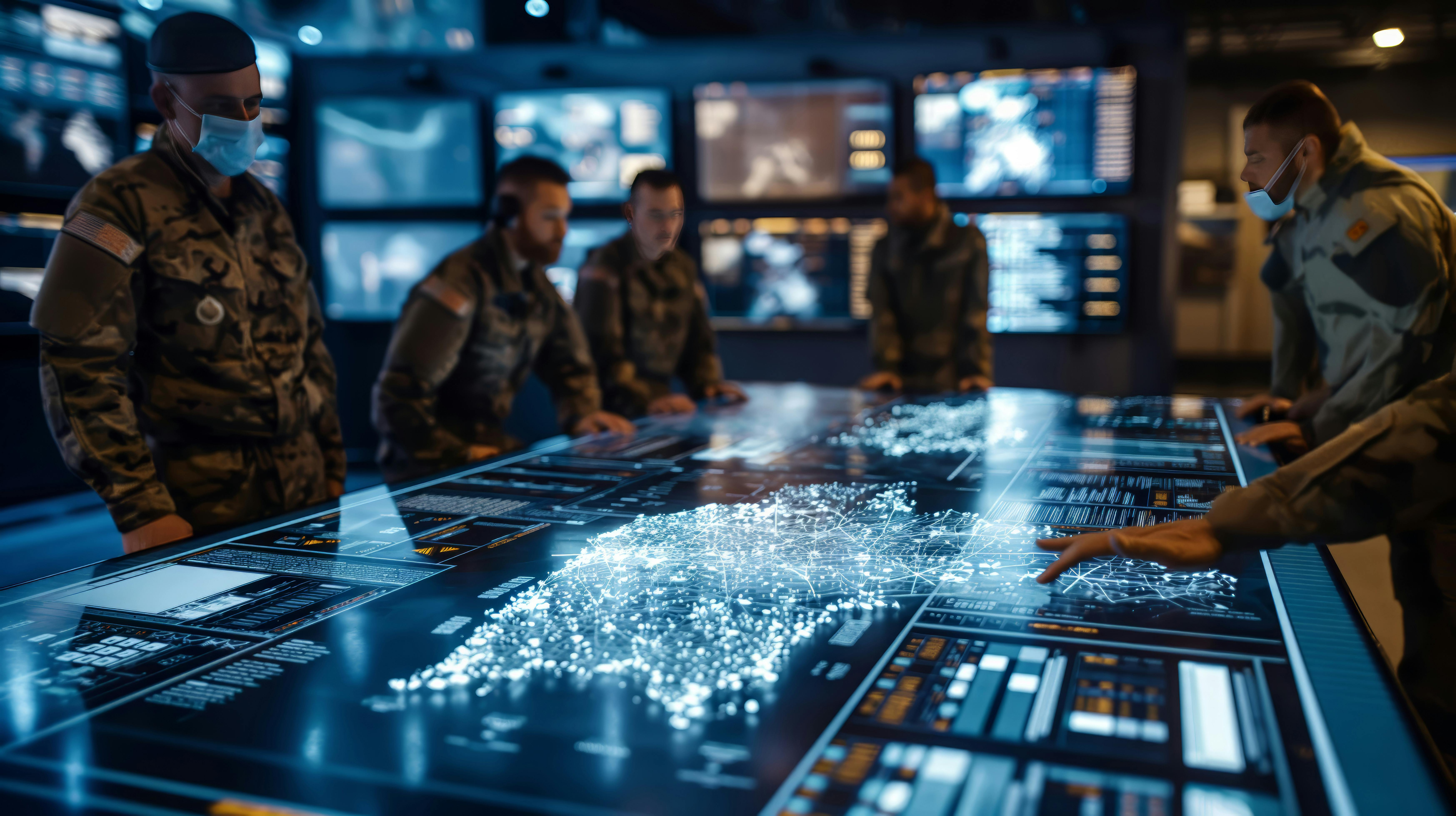 A team of military personnel formulates strategy in a command center using advanced technology and digital maps for mission planning.