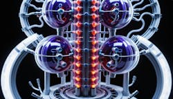 This detailed rendering of a futuristic scientific device or quantum computer component features a vertical column of glowing red spherical nodes arranged in a double helix pattern. This detailed rendering of a futuristic scientific device or quantum computer component features a vertical column of glowing red spherical nodes arranged in a double helix pattern.