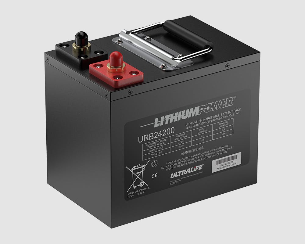 The Ultralife URB24200 lithium iron phosphate battery pack is for motor and data backup in military, robotics, and medical applications