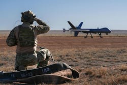 A U.S. Air Force airman prepares to refuel an MQ-9 Reaper UAV at Melrose Air Force Range, N.M. The Reaper can get help from ground-based detect-and-avoid technology to keep it safely on mission and on target. A U.S. Air Force airman prepares to refuel an MQ-9 Reaper UAV at Melrose Air Force Range, N.M. The Reaper can get help from ground-based detect-and-avoid technology to keep it safely on mission and on target.