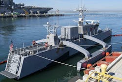 The medium-displacement unmanned surface vessel Sea Hunter sits pierside at Naval Base San Diego, during the Unmanned Surface Vessel Division (USDIV) One Establishment ceremony. USDIV One will focus on unmanned surface vessel experimentation and fleet advocacy for the surface force. The medium-displacement unmanned surface vessel Sea Hunter sits pierside at Naval Base San Diego, during the Unmanned Surface Vessel Division (USDIV) One Establishment ceremony. USDIV One will focus on unmanned surface vessel experimentation and fleet advocacy for the surface force.
