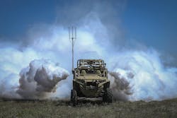 A Screening Obscuration Module attached to a Utility Task Vehicle is activated autonomously during the Robotic Complex Breach Concept on Yakima Training Center in Yakima, Wash. Marine Corps photo. A Screening Obscuration Module attached to a Utility Task Vehicle is activated autonomously during the Robotic Complex Breach Concept on Yakima Training Center in Yakima, Wash. Marine Corps photo.