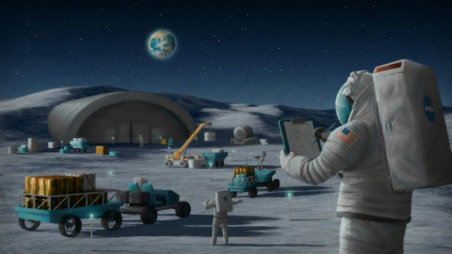 Astronauts on the moon work with equipment outside a concrete building built into a ridge.