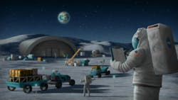 Astronauts on the moon work with equipment outside a concrete building built into a ridge. Astronauts on the moon work with equipment outside a concrete building built into a ridge.