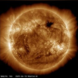 SDO image of the sun during a period of high solar activity. SDO image of the sun during a period of high solar activity.