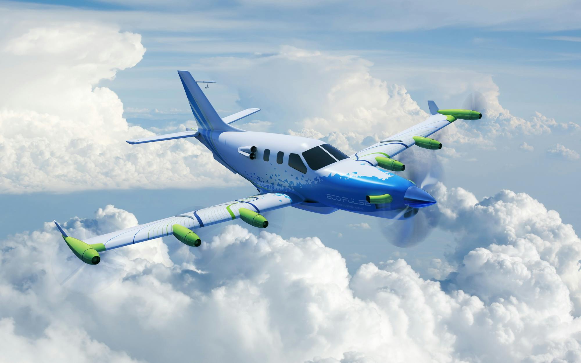 Rendering of the EcoPulse demonstrator aircraft, which is a small, single-prop aircraft.