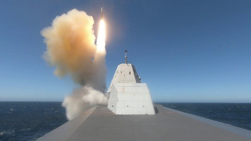 The guided-missile destroyer USS Zumwalt (DDG 1000) conducts a live fire missile exercise.