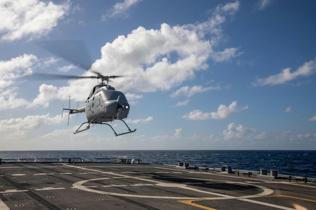 A Navy Northrop Grumman MQ-8C Fire Scout uncrewed helicopter takes off from the USS Milwaukee (LCS 5) during a Joint Interagency Task Force South’s mission, which includes counter-illicit drug trafficking missions in the Caribbean and Eastern Pacific.