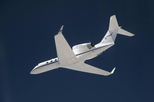 The G-IV aircraft flies overhead in the Mojave Desert near NASA’s Armstrong Flight Research Center in Edwards, California. Baseline flights like this one occurred in June 2024, and future flights in service of science research will benefit from the installment of the Soxnav navigational system, developed in collaboration with NASA’s Jet Propulsion Laboratory in Southern California and the Bay Area Environmental Research Institute in California’s Silicon Valley. This navigational system provides precise, economical aircraft guidance for a variety of aircraft types moving at high speeds. NASA/Carla Thomas photo.