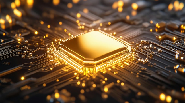 A detailed view of quantum computing components illuminating the intricate network of circuits and connections.