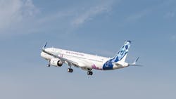 The first test flight of the GTF-powered Airbus A321XLR aircraft. Airbus photo. The first test flight of the GTF-powered Airbus A321XLR aircraft. Airbus photo.