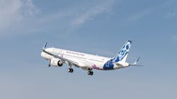 The first test flight of the GTF-powered Airbus A321XLR aircraft. Airbus photo. The first test flight of the GTF-powered Airbus A321XLR aircraft. Airbus photo.